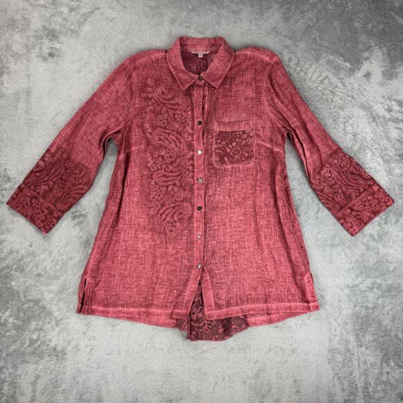 John Mark 100% Linen Embroidered Whimsy Lace Fairy Button up Shirt Cottagecore - Picture 4 of 11